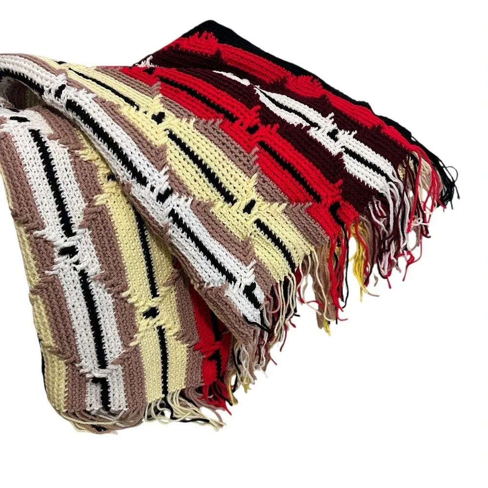 Vtg Crochet Afghan Red Black Brown White Blanket Throw Fringe Southwestern 60x44